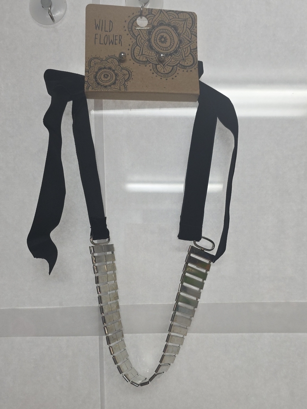 Wildflowers Black Ribbon Necklace with Silver-Tone Rectangles